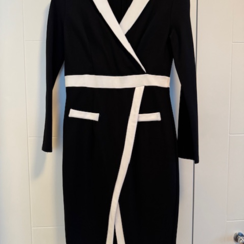 Toxedo Style Faux Wrap Dress - Black & White - Size M
